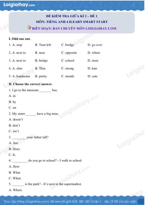 Đề thi giữa kì 2 Tiếng Anh 4 iLearn Smart Start - Đề số 1